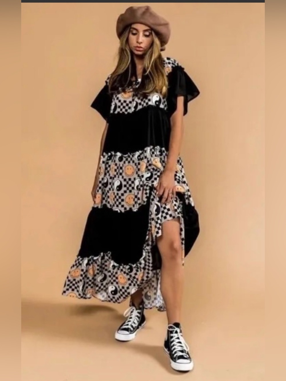 Dressed in Lala Boho Smiley  Dress in Black and Beige